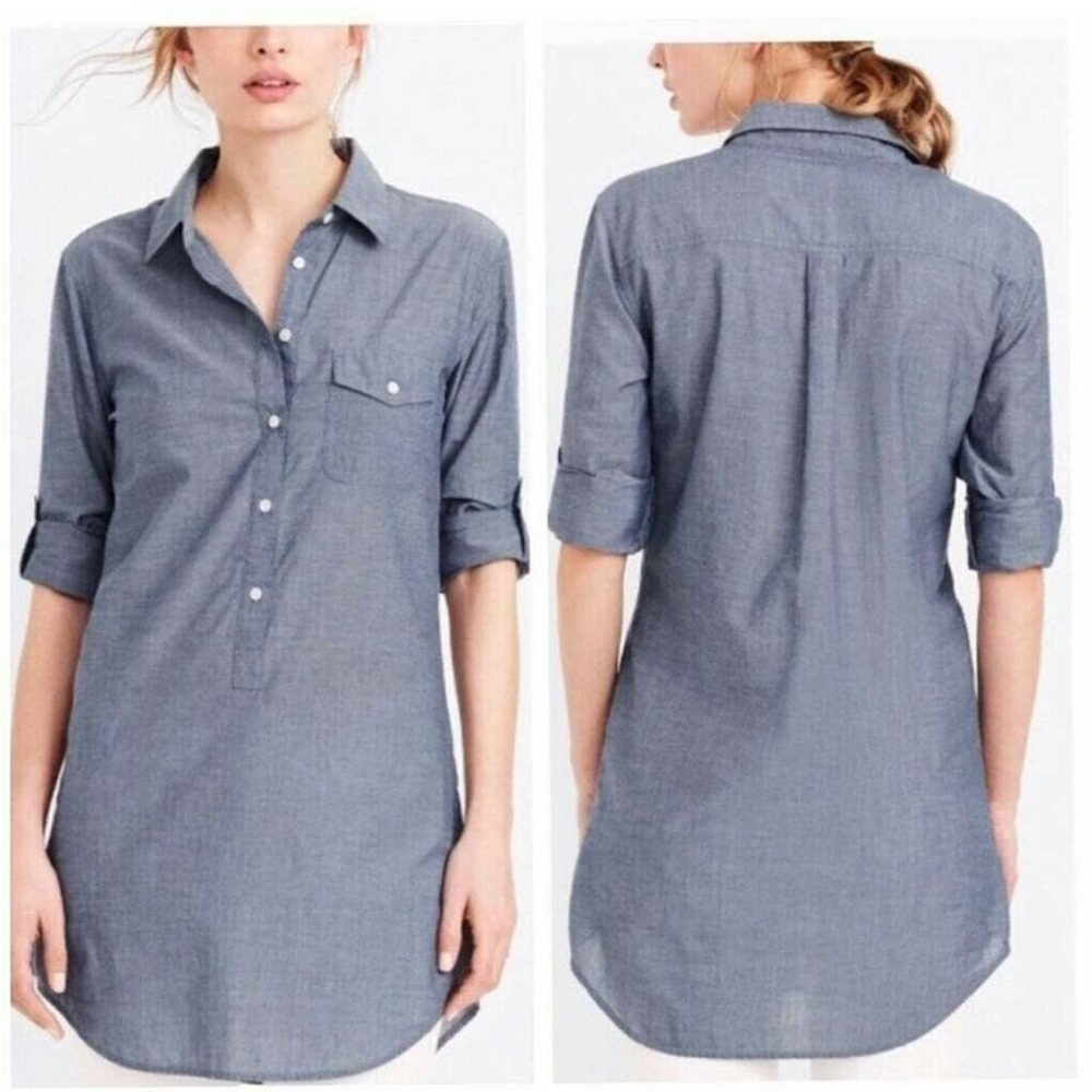 J. Crew Cotton Chambray Blue Popover Pocket Tunic Top Roll Tab Sleeve XXS P EUC